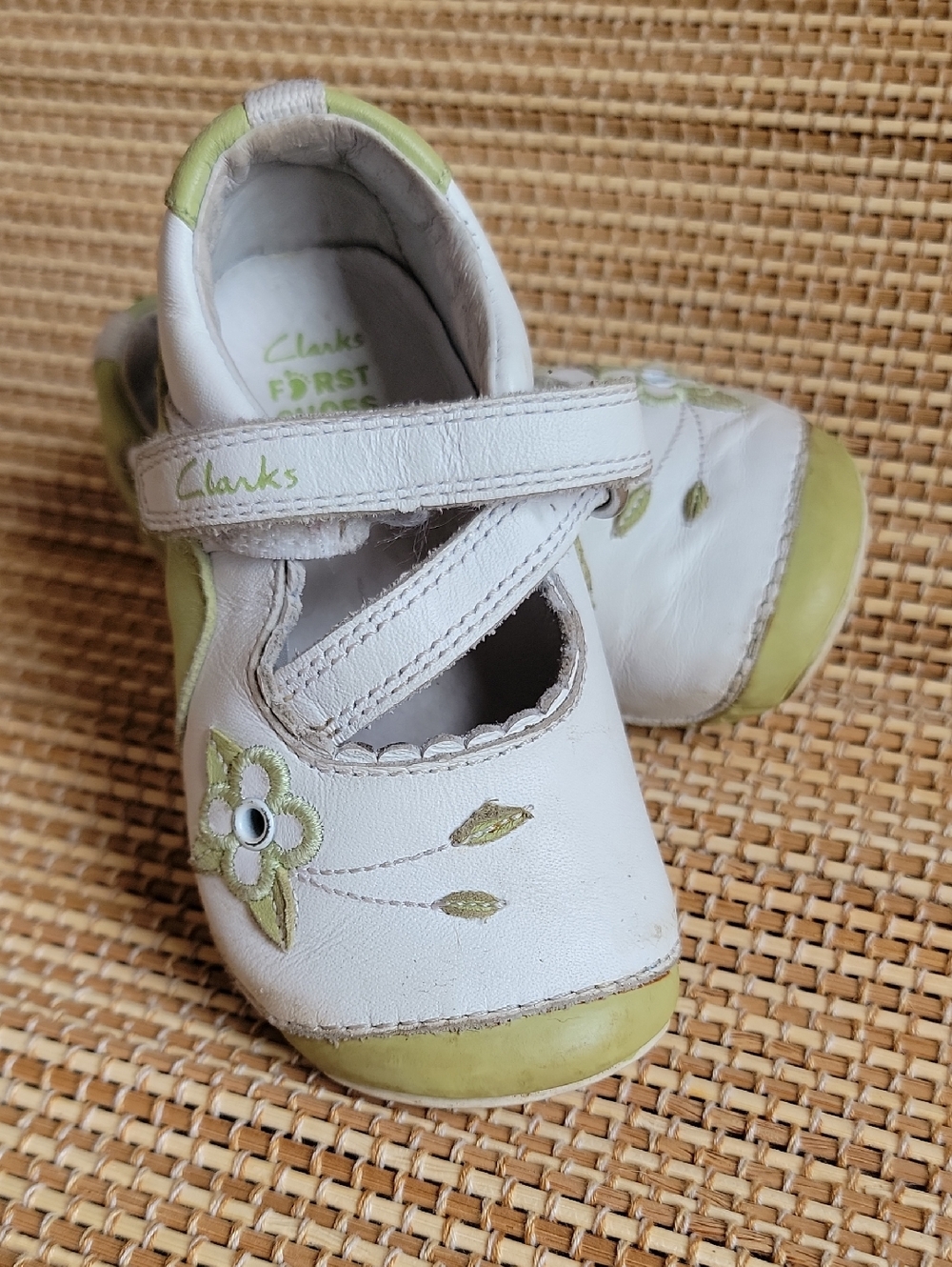 Clarks White and Light Green Floral Mary Jane Baby Shoes
